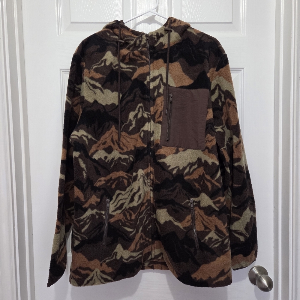 Free Nature Mountain Pattern Full Zip Polar Fleece Hooded Jacket Men Size Large - Picture 3 of 11